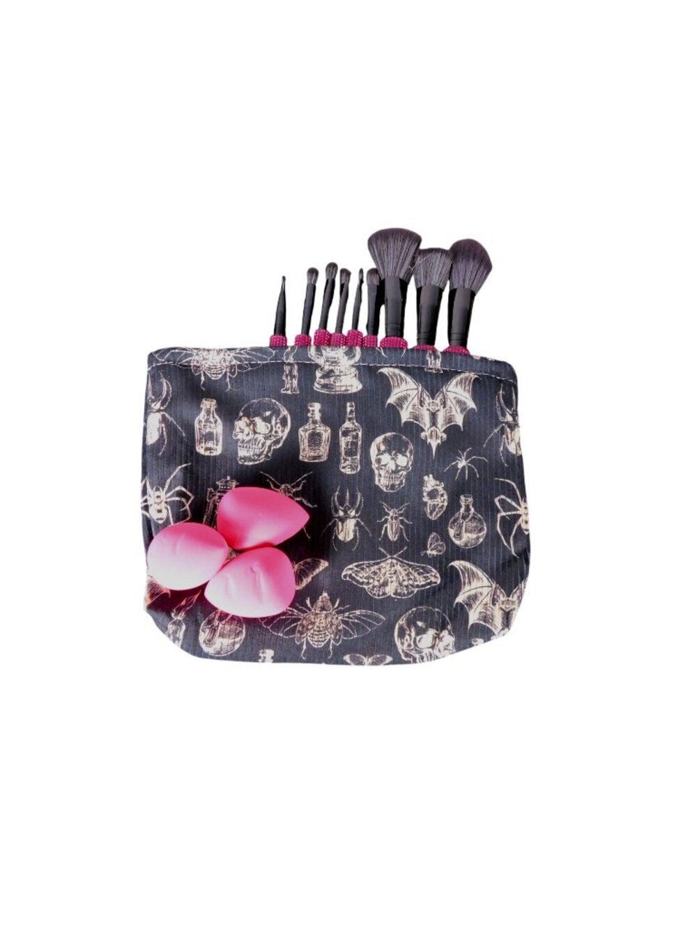 Skull & Insect Gothic Makeup Bag With Zipper Black Fabric Spooky Pattern Medium